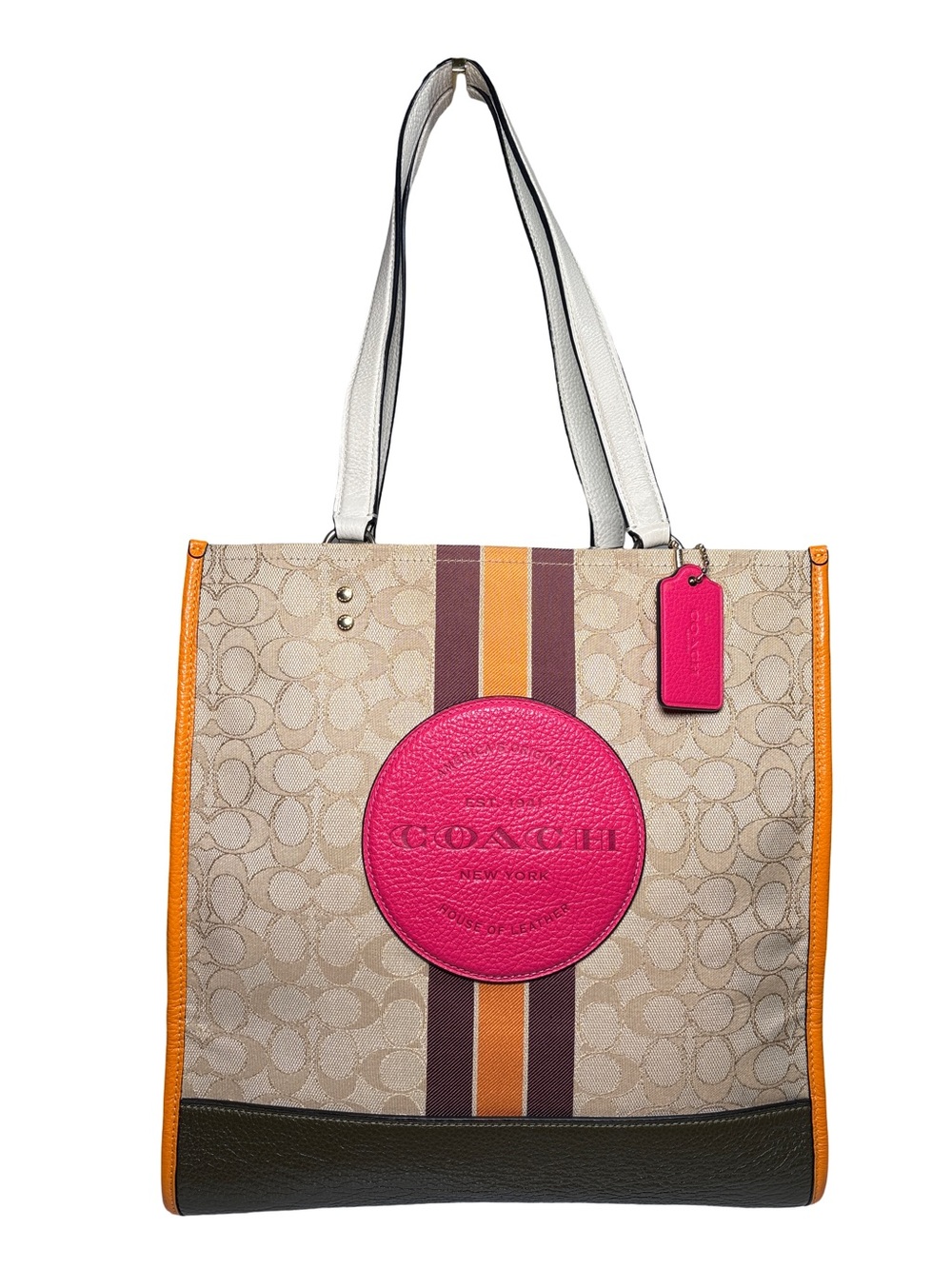 Coach Dempsey Signature Canvas Tote with Pink Patch and Orange Trim